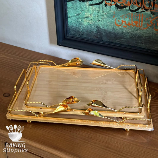 Set of 2 Wooden Trays with 3D Lilies & Gold Ends – Decorative Serving Tray Duo