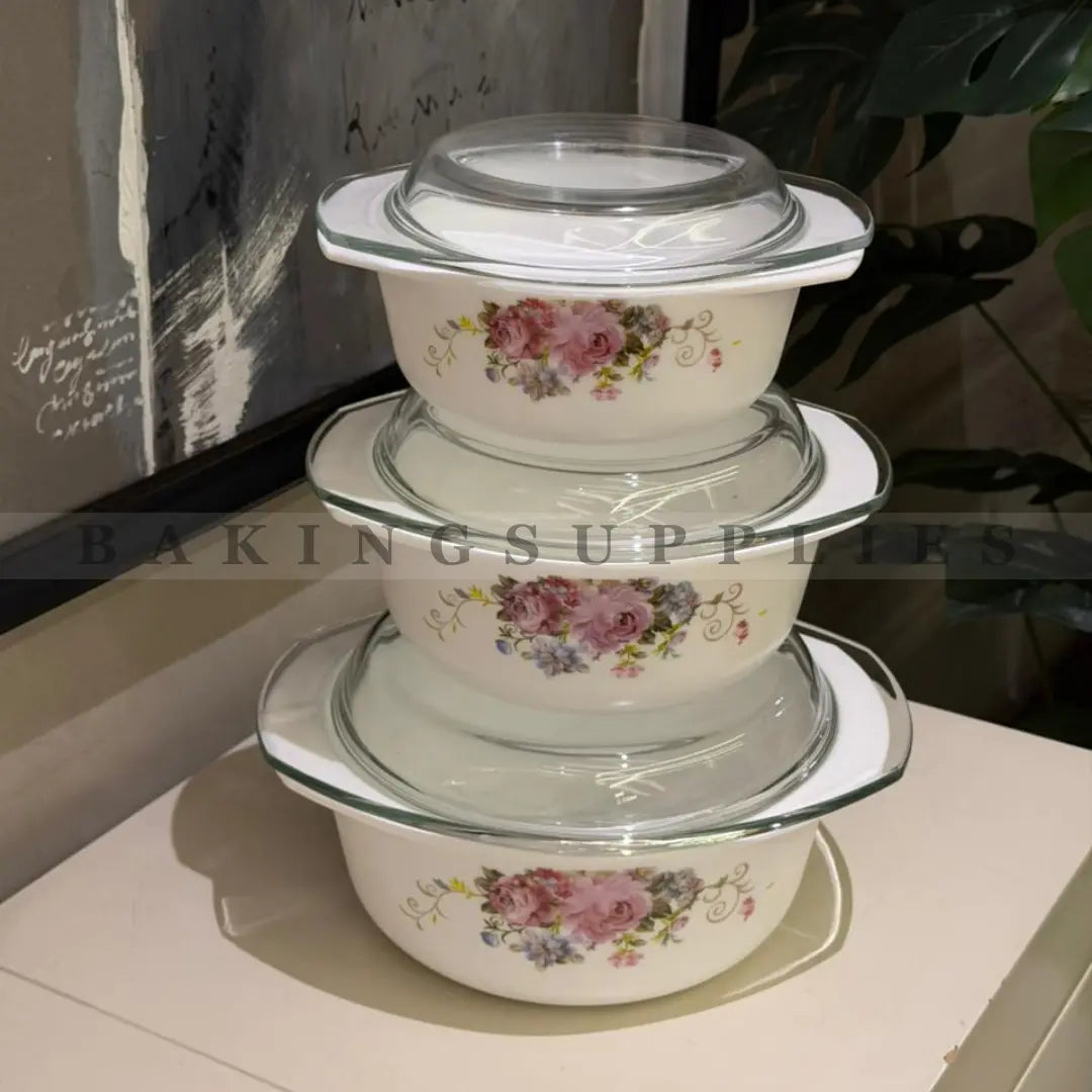 Danny Home Floral Ceramic Casserole Set (3 Pcs) with Glass Lids – Oven & Microwave Safe