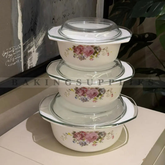 Danny Home Floral Ceramic Casserole Set (3 Pcs) with Glass Lids – Oven & Microwave Safe