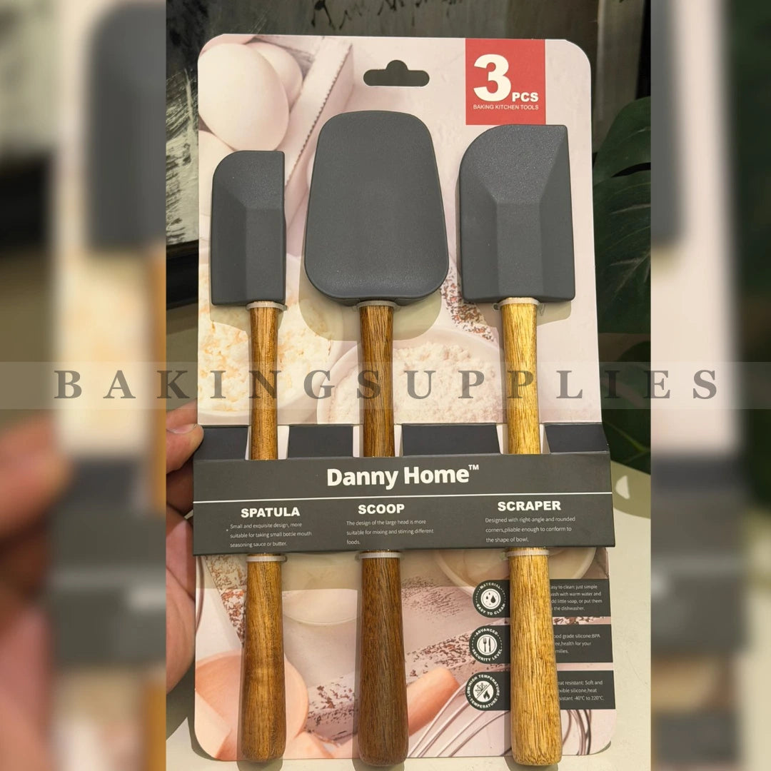Danny Home High Quality Silicone Spatula Set (3 Pcs) with Wooden Handle