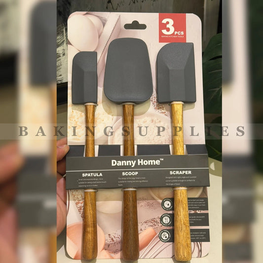 Danny Home High Quality Silicone Spatula Set (3 Pcs) with Wooden Handle