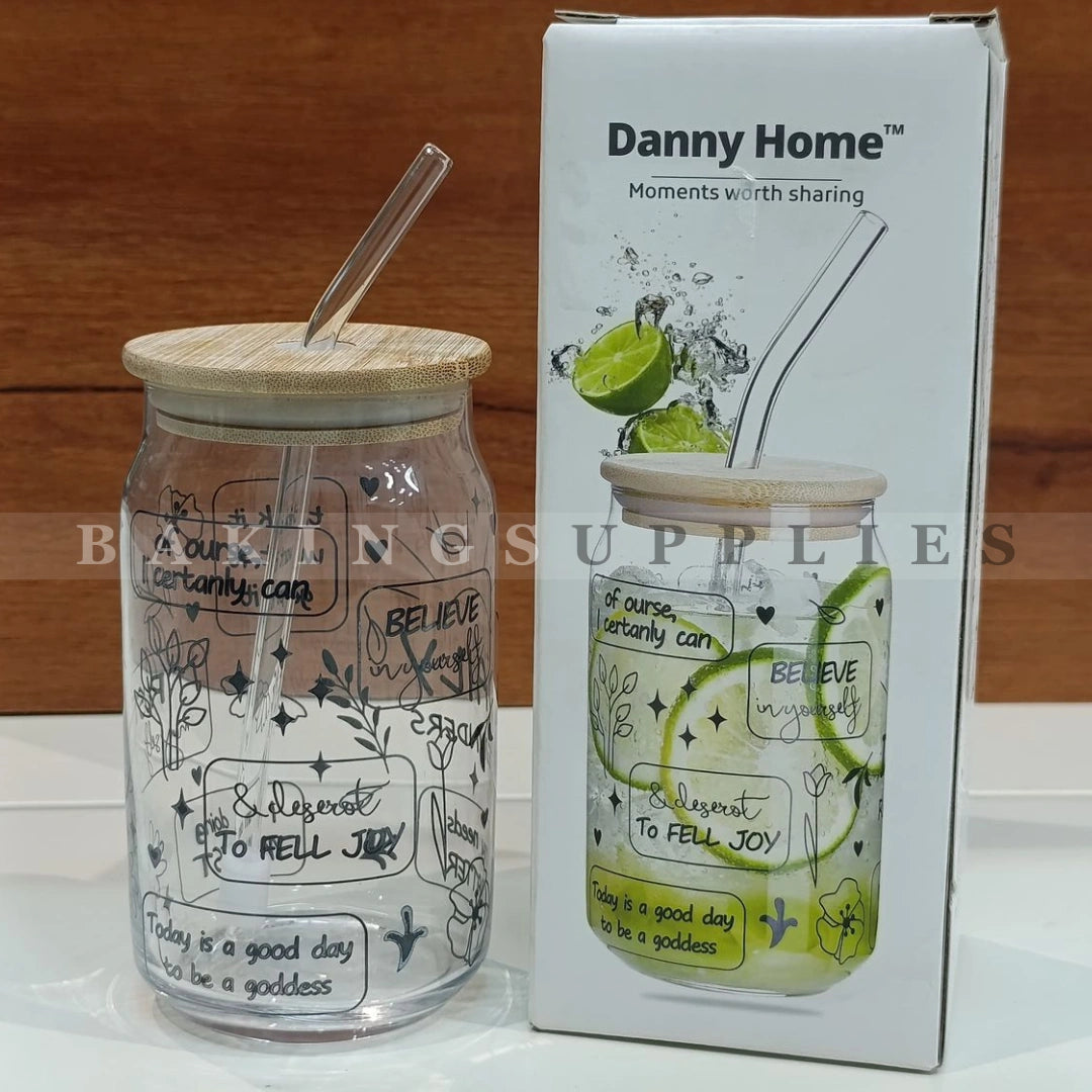 Danny Home Premium Can Glass with Bamboo Lid & Glass Straw