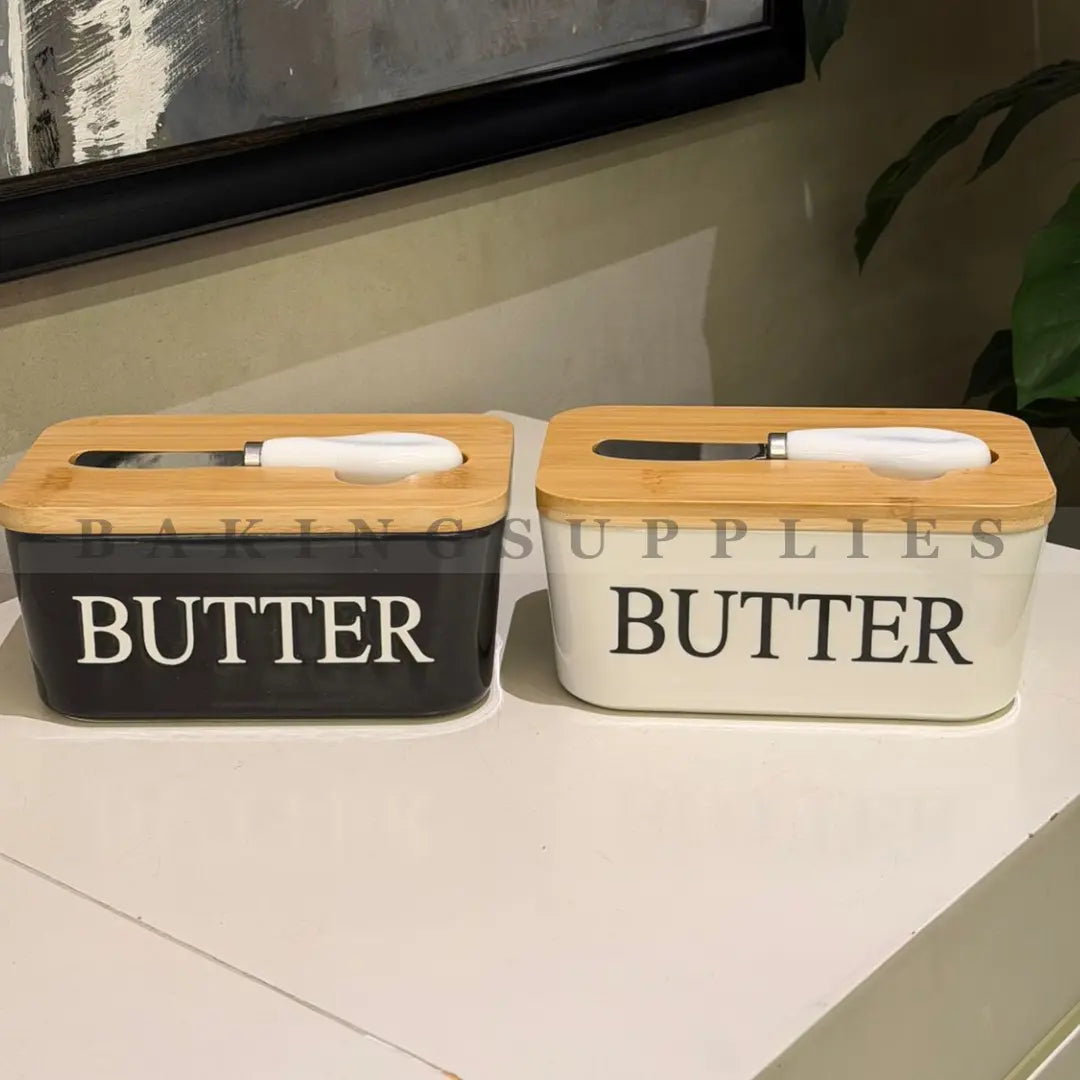 Ceramic Butter Dish with Wooden Lid & Knife