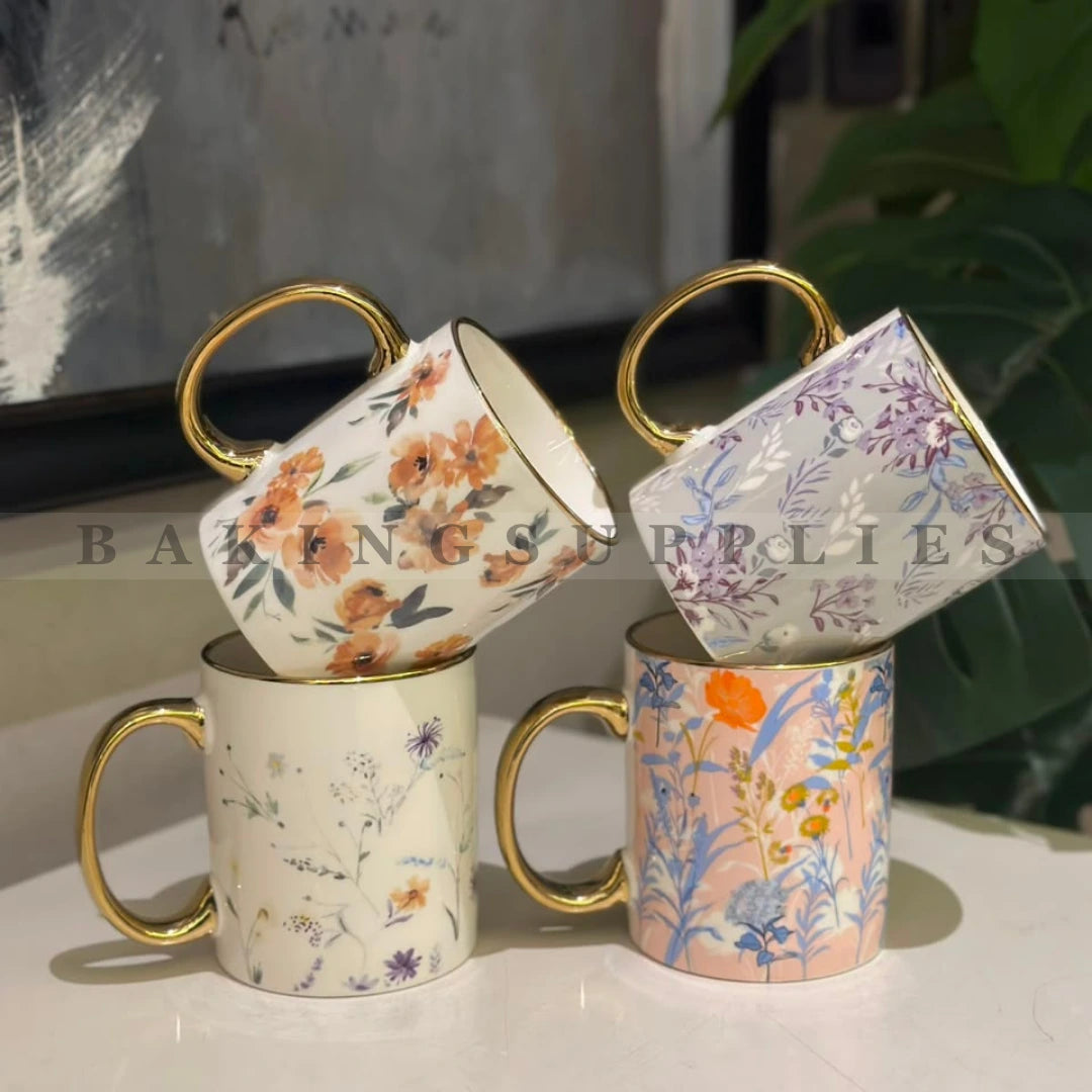 Danny Home Set of 4 Floral Mugs with Gold Rim 350ml