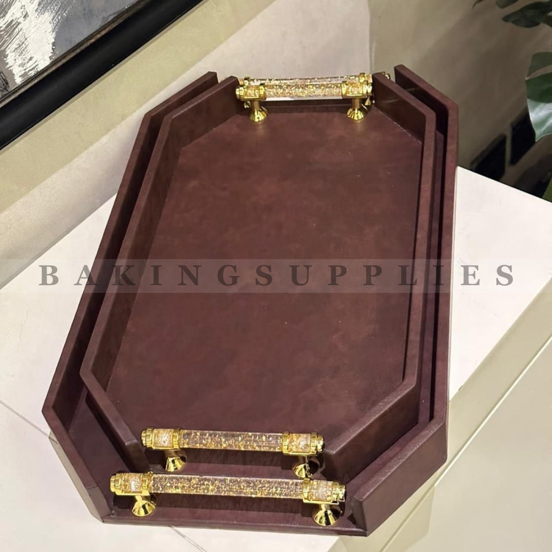 Set of 2 Leather Wooden Serving Trays with Gold Handles