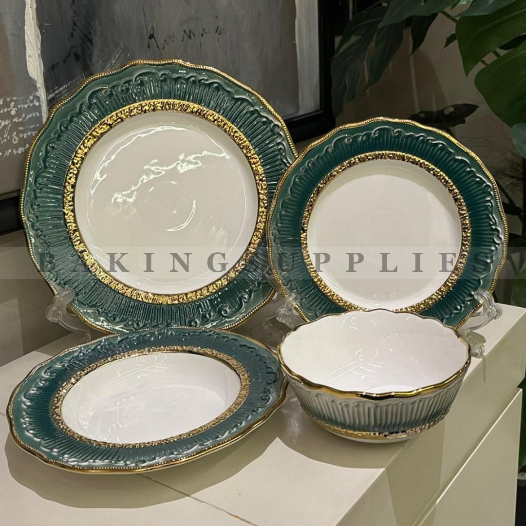 Luxury 24 Pcs Dinner Set – Gold Rim Embossed Ceramic Plates & Bowls (Serves 6)