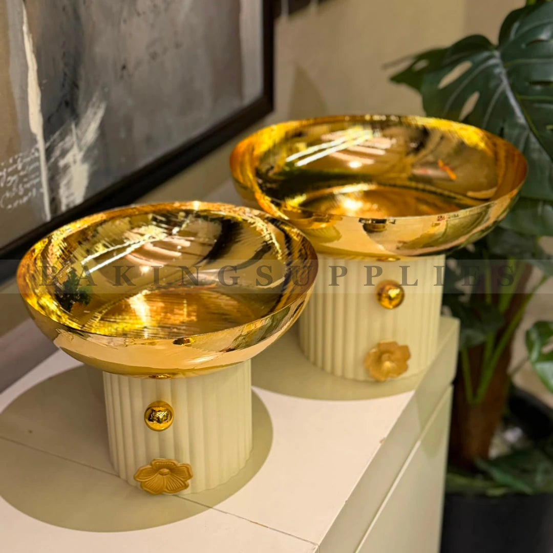 Luxury Gold Metal Platter with 3D Flower | Decorative Serving Tray