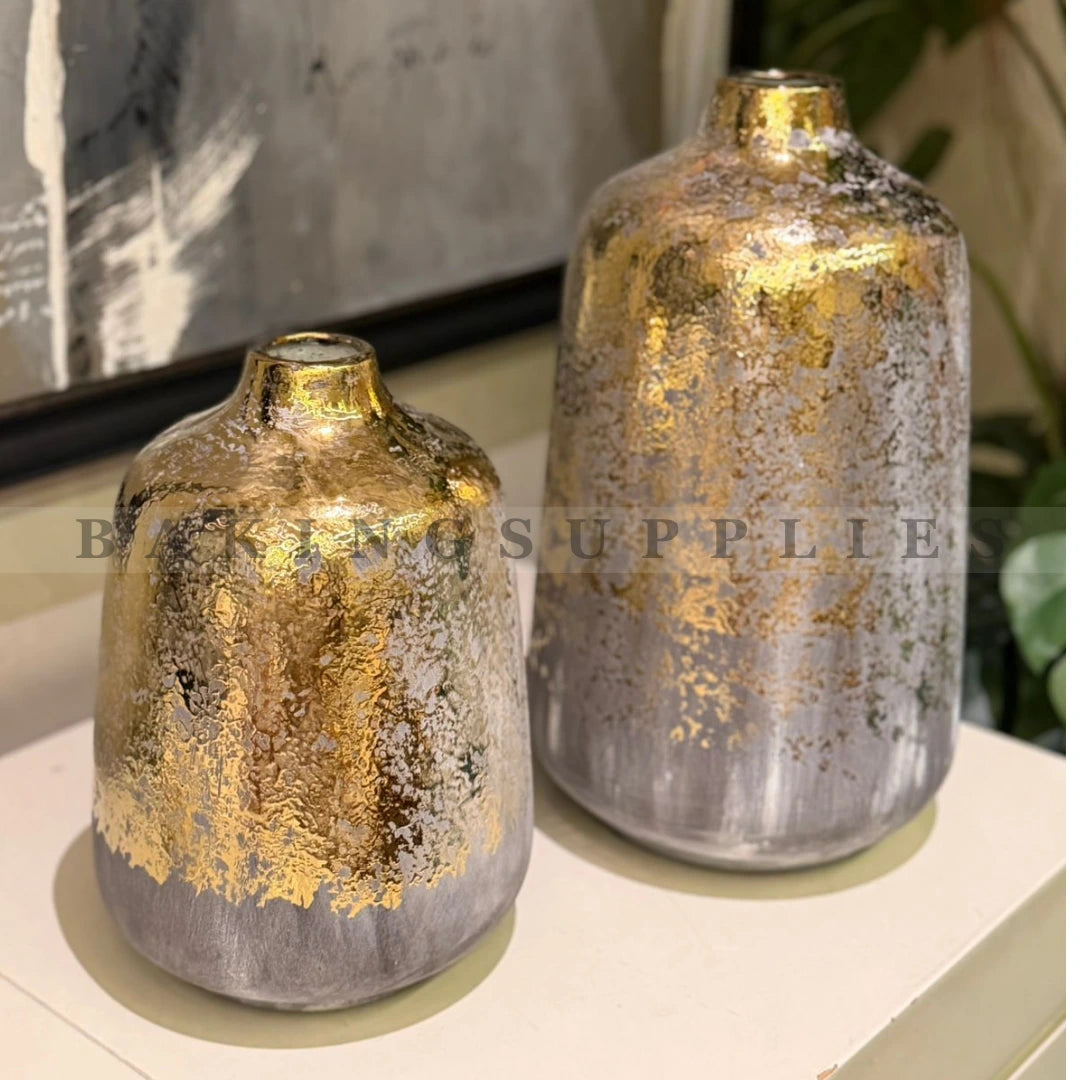 Dull Gold & Grey Ceramic Vase Set 2 Pieces