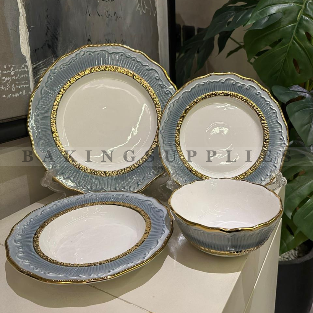 Luxury 24 Pcs Dinner Set – Gold Rim Embossed Ceramic Plates & Bowls (Serves 6)