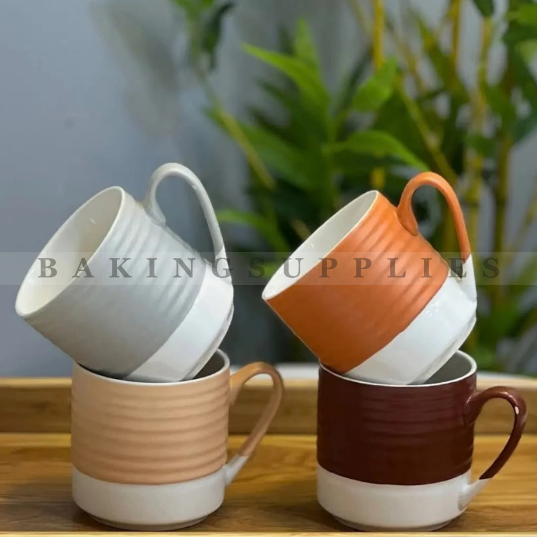 Earth Tone Ribbed Ceramic Coffee Mugs Set of 4