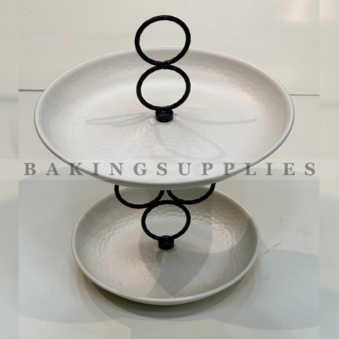 Elegant White Ceramic Tiered Serving Platter with Artistic Ring Stand