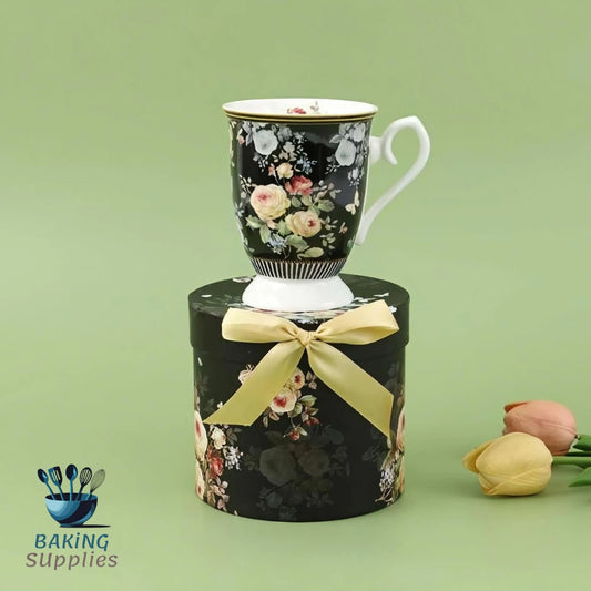 Elegant Floral Ceramic Mug with Round Gift Box – Perfect Gift Set