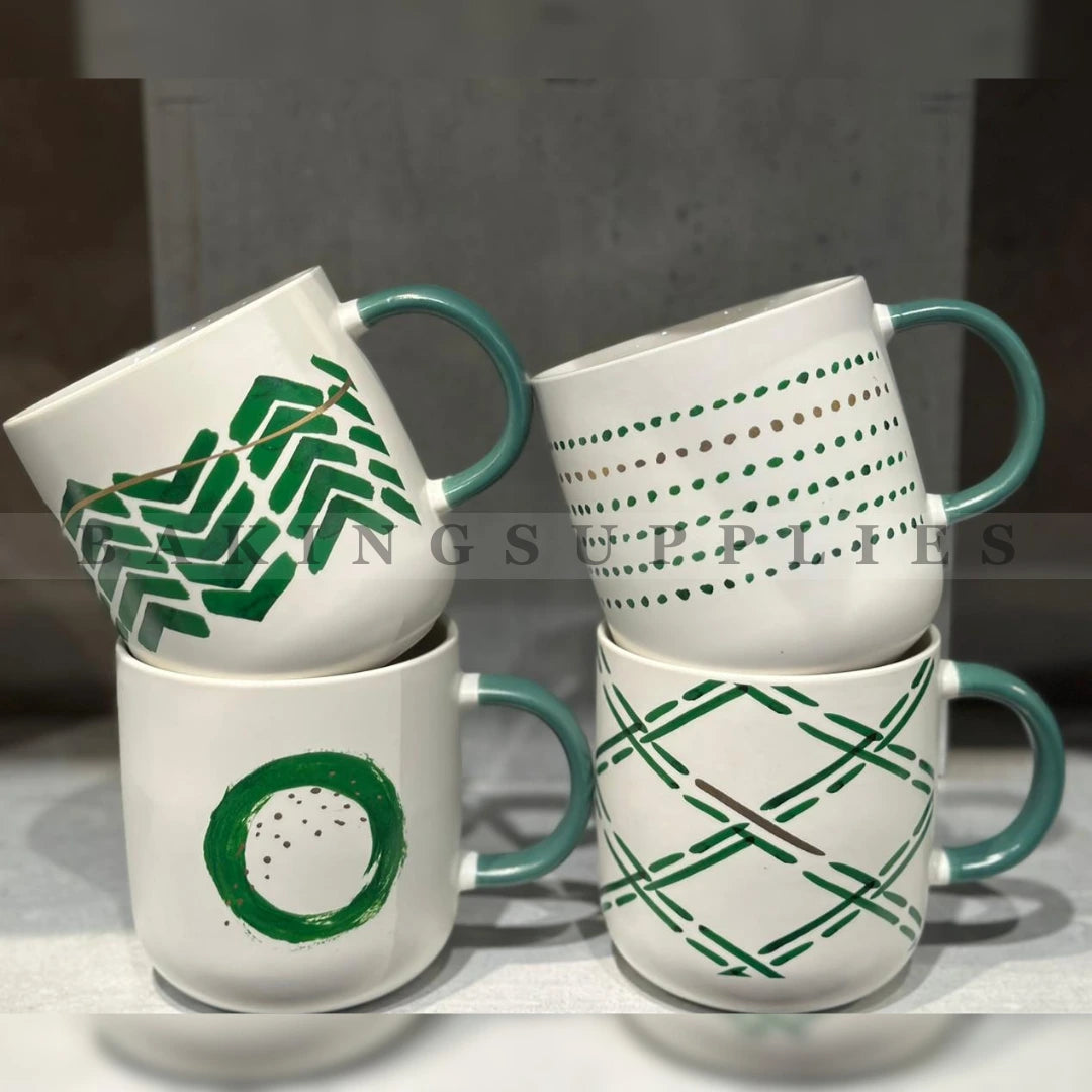 Emerald Green Geometric 4 Pc Mug Set | Modern Green Ceramic Coffee Cups