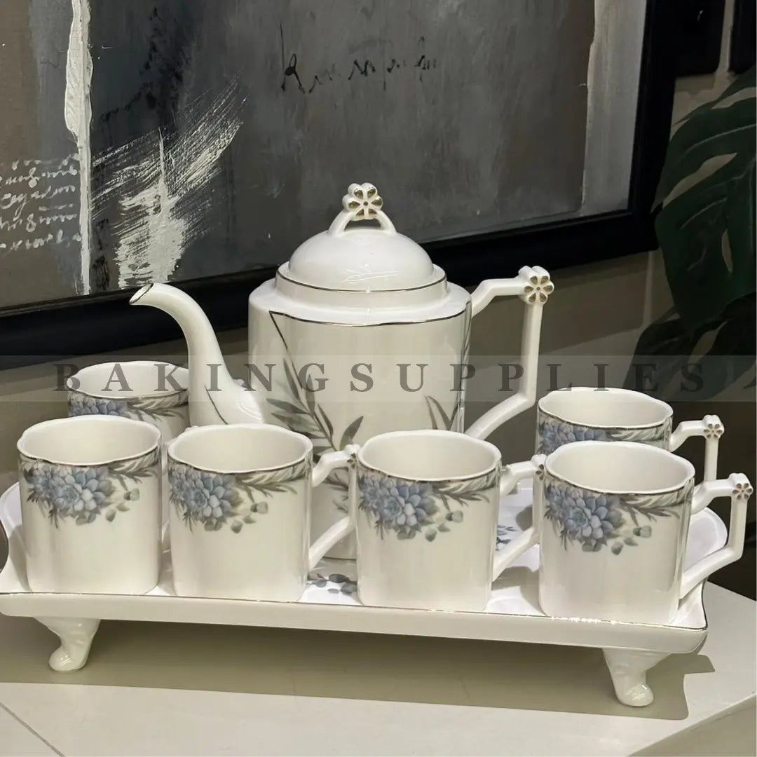 Floral Ceramic Tea Set with Tray | 8-Piece Premium Tea Serving Set