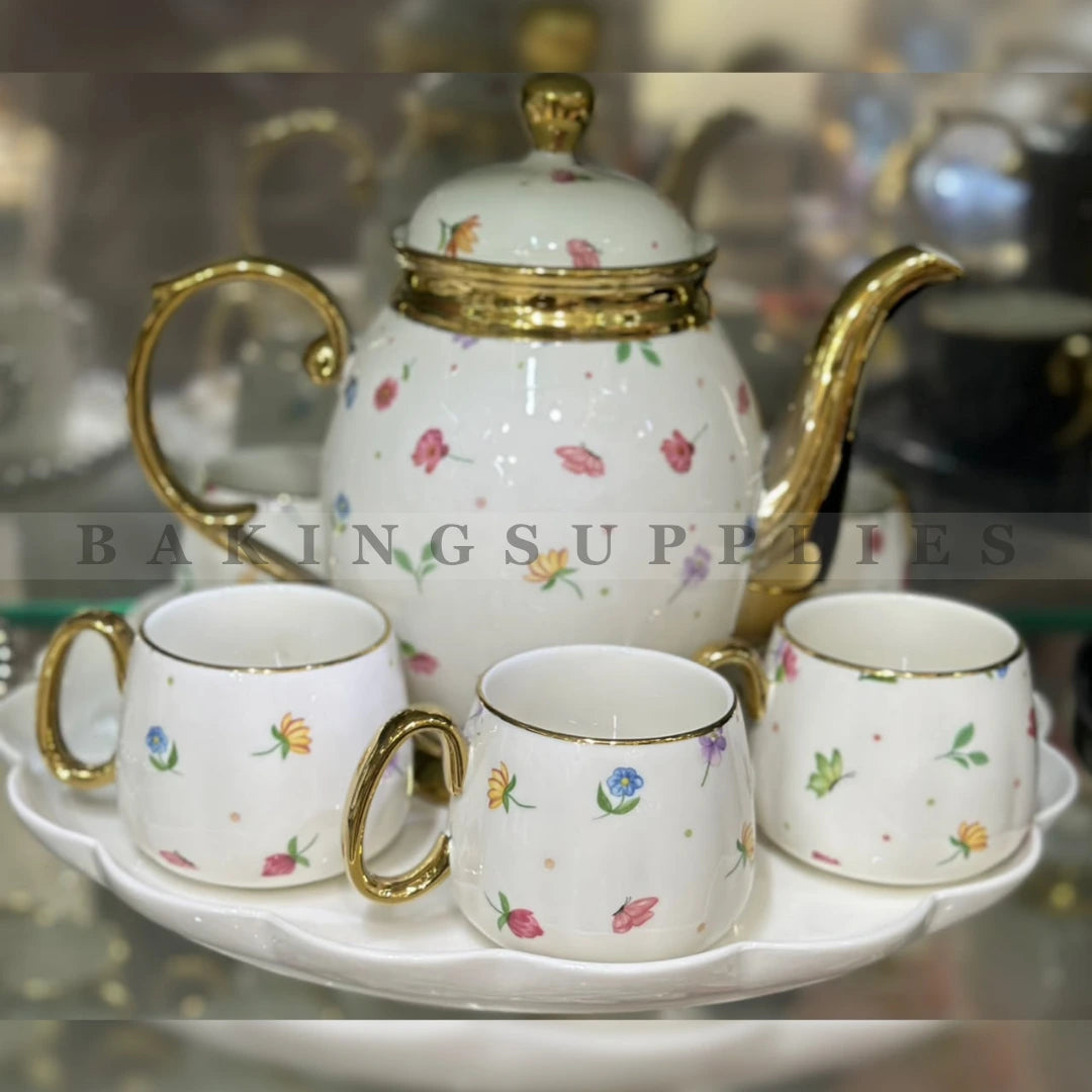 Floral Gold Accent Ceramic Tea Set 8 Pieces