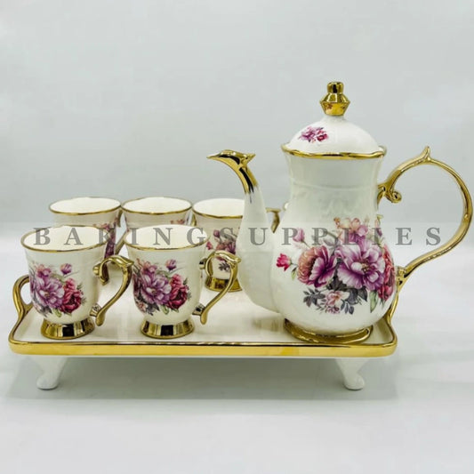 Floral Gold Trim Porcelain Tea Set 9 Pieces with Tray