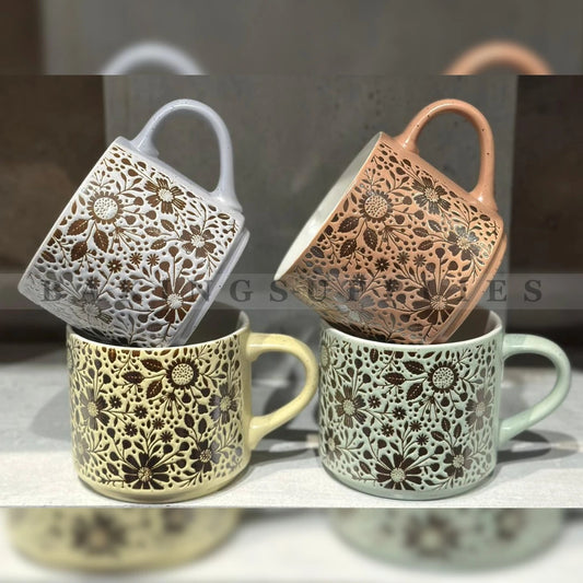 Floral Lace Embossed Stoneware 4 Pc Mug Set – Pastel Earth Tones