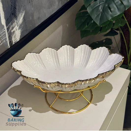 Floral White & Gold Platter with Stand – Elegant Display & Serving Tray