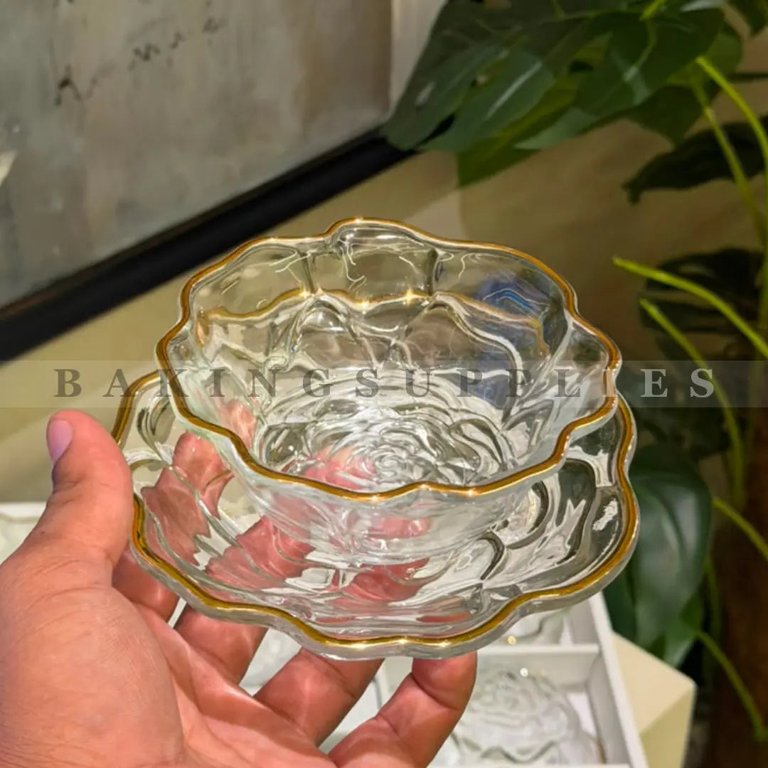 12-Piece Floral Glass Dessert Bowl & Saucer Set with Gold Rim