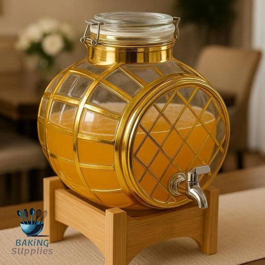 Glass Beverage Dispenser | Gold Wooden Stand | Elegant Party Station
