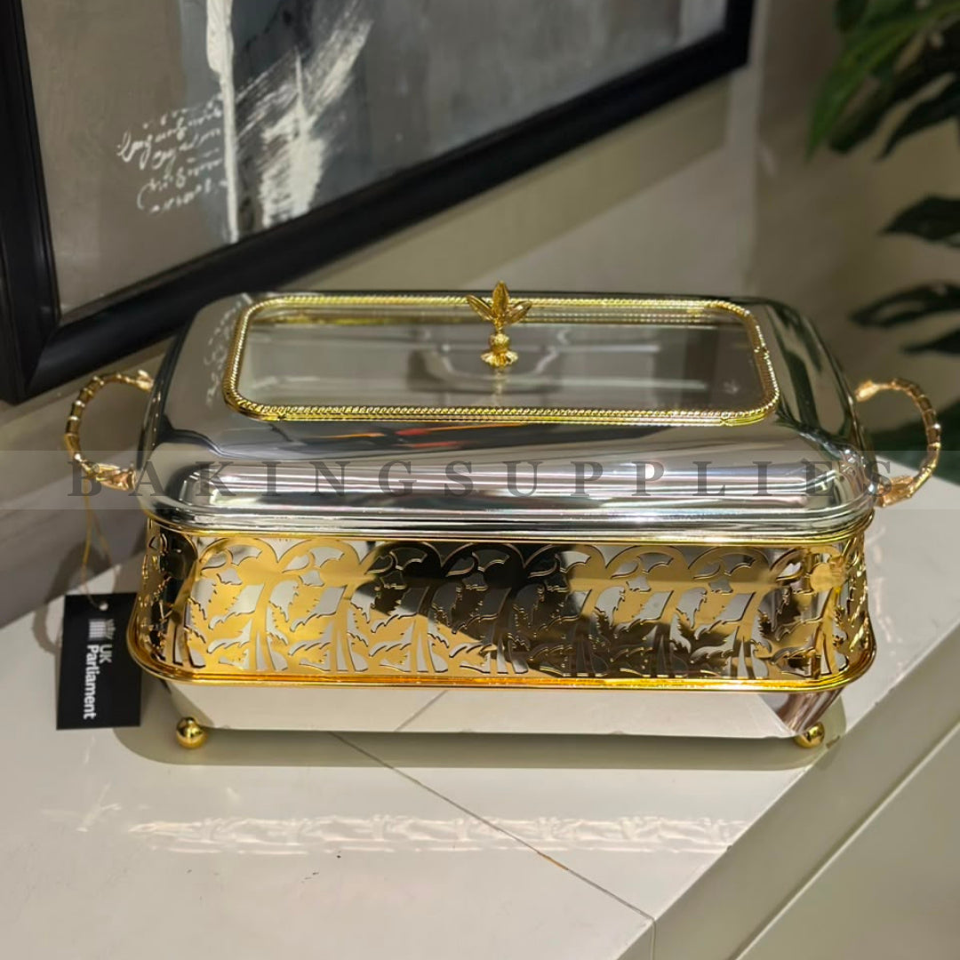 Gold Floral Metal Deep Buffet Dish with Lid