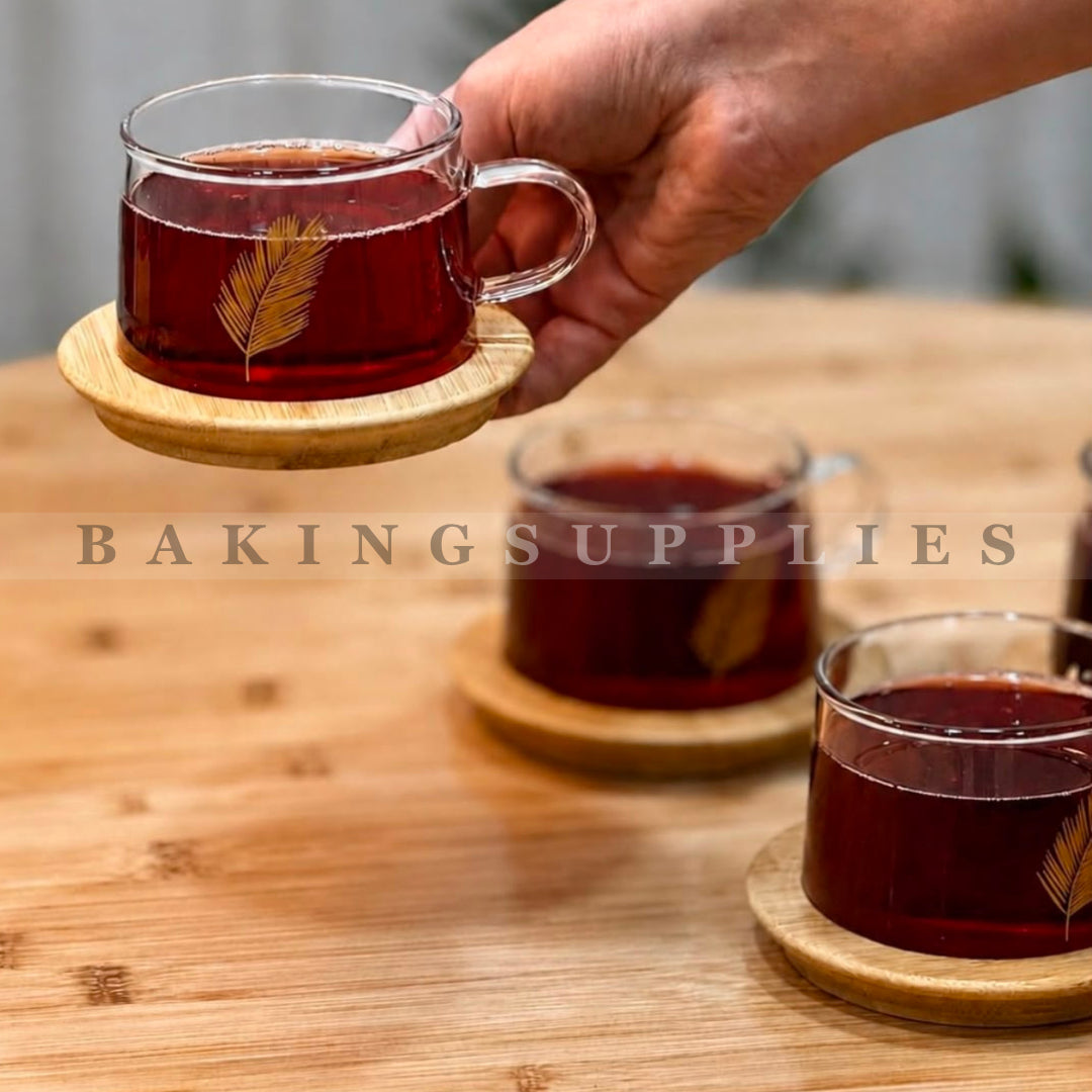 Gold Leaf Glass Tea Cup Set with Wooden Saucers 6 Pc