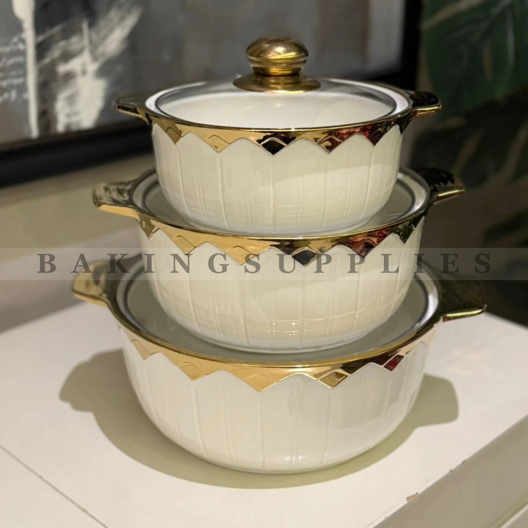 Set of 3 White & Gold Serving Handis with Glass Lids