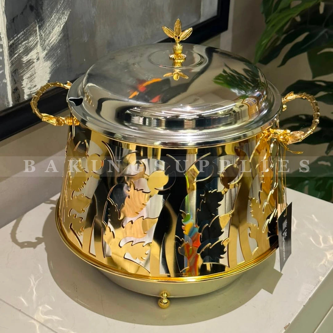 Gold Floral Metal Deep Buffet Dish with Lid