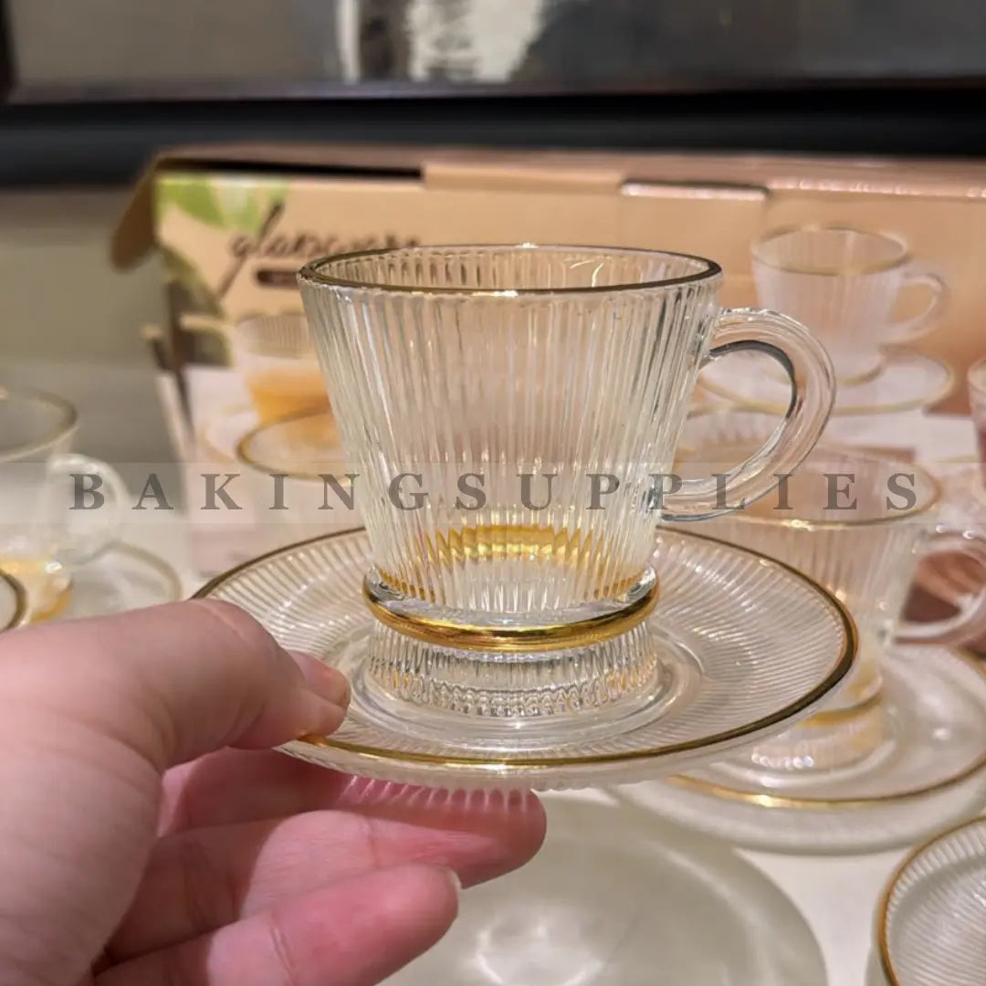 12 Piece Glass Kehwa Cup & Saucer Set with Gold Rim