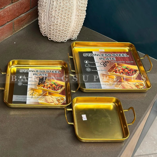 Gold Stainless Steel Square Serving Platter with Handles