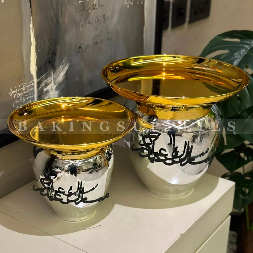 Metal Steel Dome Platter | Silver & Gold Decorative Tray