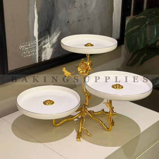 Gold-Plated 3-Tier Flower Platter – 3 Plates with 3D Floral Design (8″ Top)