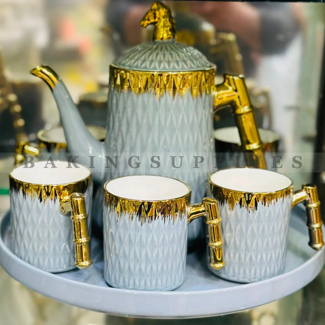 Bamboo Handle Ceramic Tea Set 8 Pieces