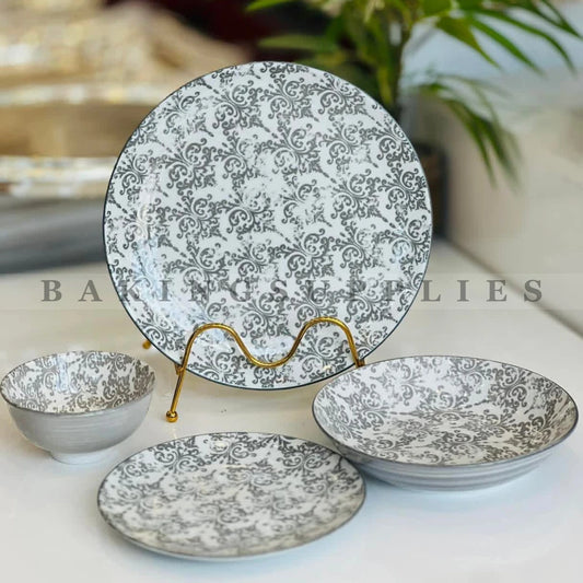 Gupan 24 Piece Ceramic Stoneware Dinner Set – Elegant Grey Botanical Design