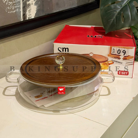 Heat Proof Glass Handi with Wooden Lid – Premium Transparent Serving Bowl (1 Set)