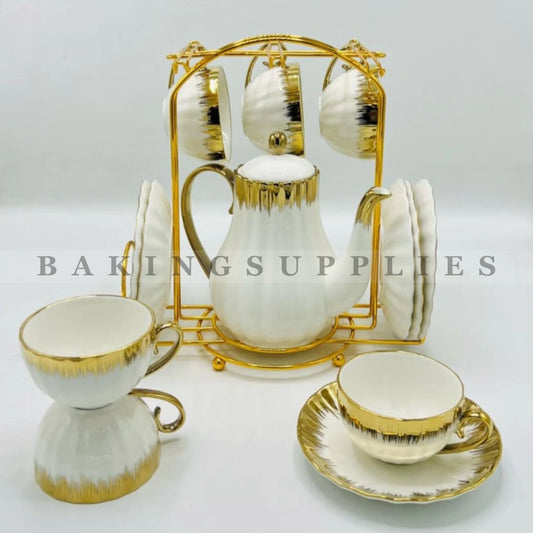 Imperial Golden Cascade 15-Piece Ceramic Tea Set with Gold Stand