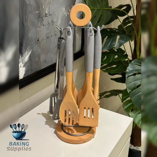 Imported Wooden Spatula Set with Movable Base – Premium Kitchen Tool Stand