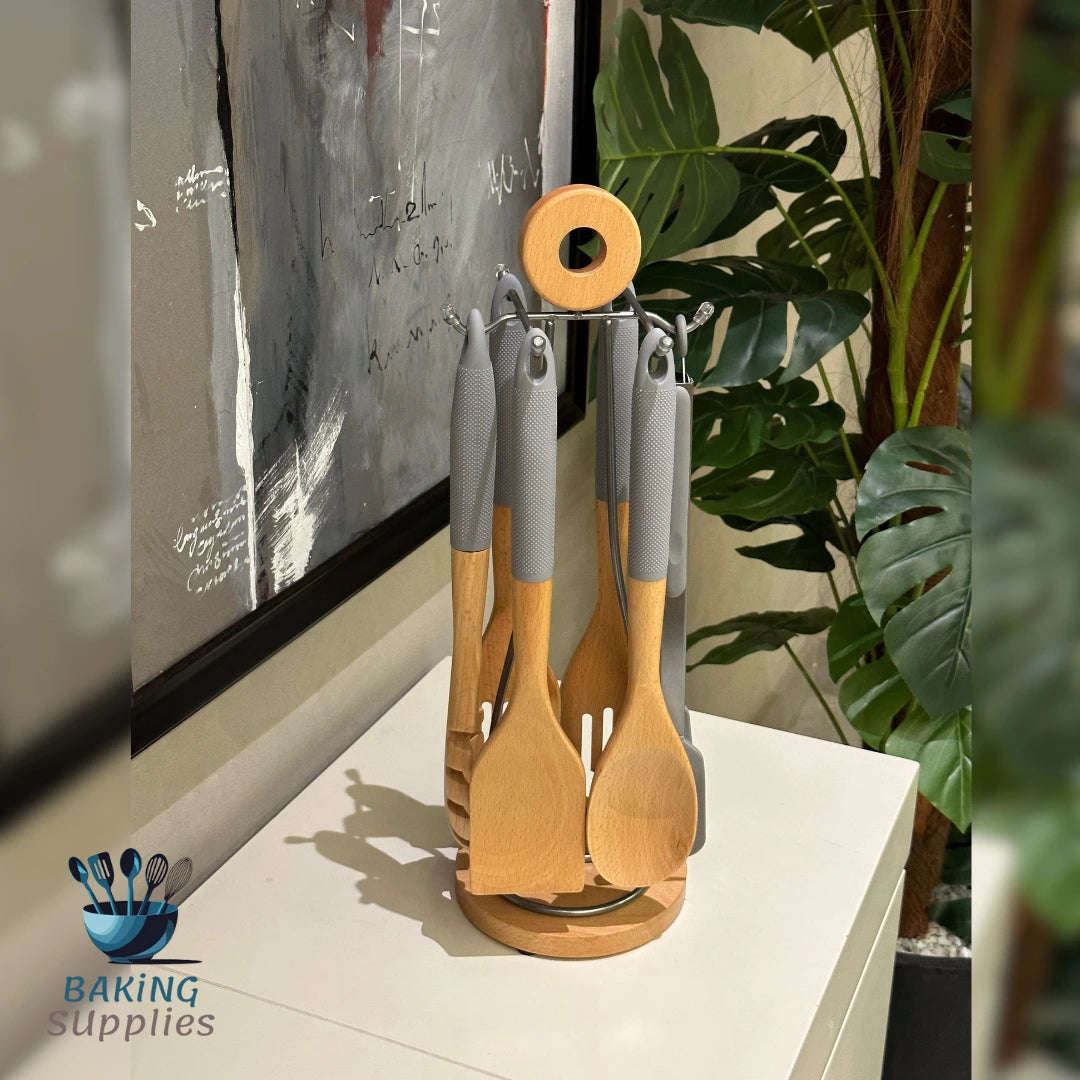 Imported Wooden Spatula Set with Movable Base – Premium Kitchen Tool Stand