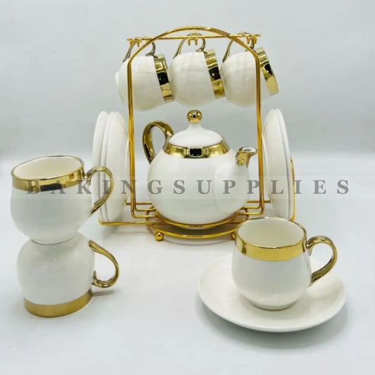 Ivory Gold Luxe 15-Piece Ceramic Tea Set with Gold Stand