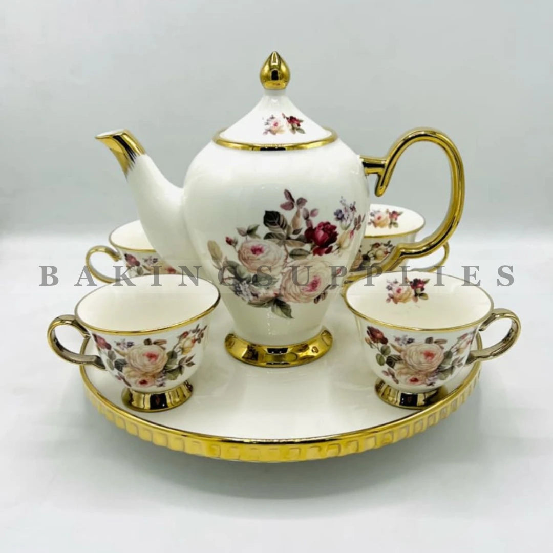 Vintage Rose Gold Accent Porcelain 9 Piece Tea Set with Rotating Tray