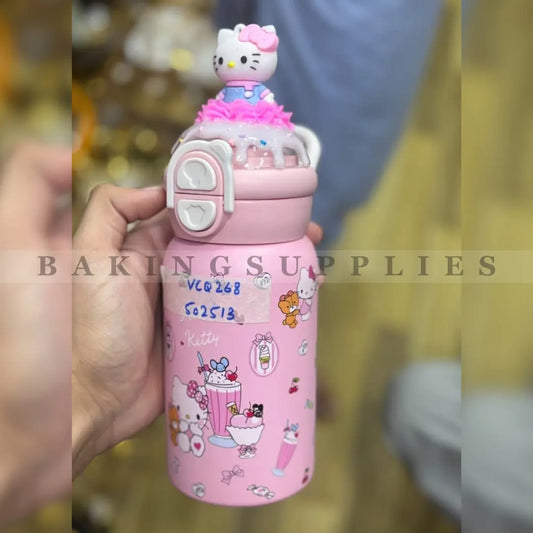 Kids Pink Kitty Water Bottle with 3D Cartoon Topper