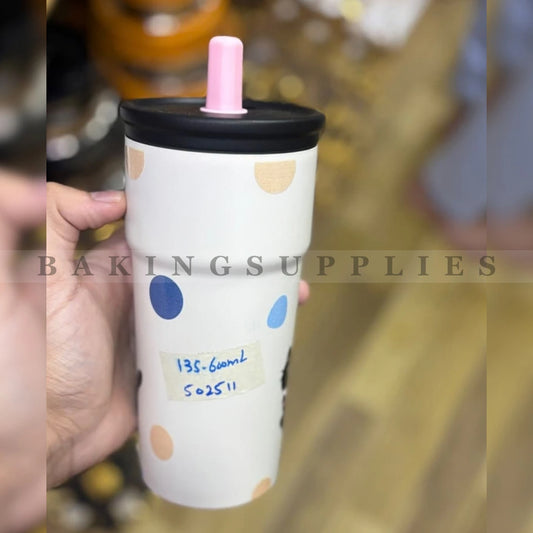 Kids Polka Dot Tumbler with Straw 600ml White
