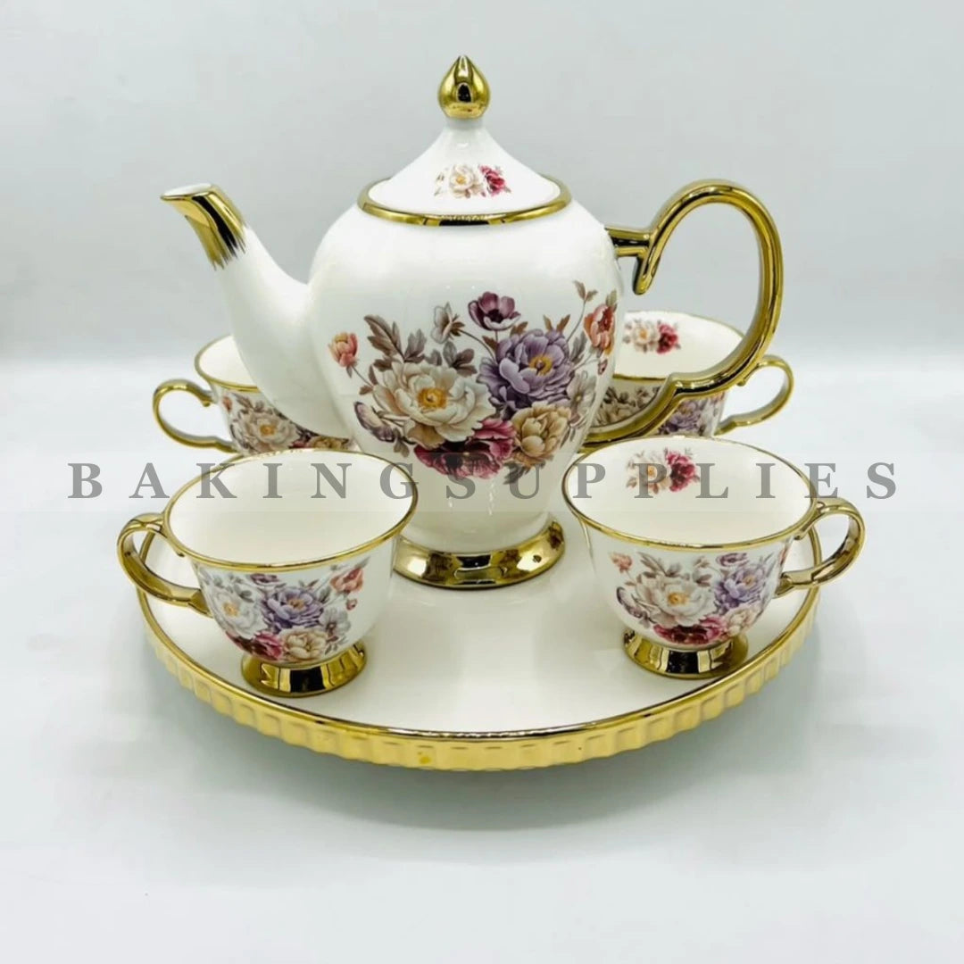 Vintage Rose Gold Accent Porcelain 9 Piece Tea Set with Rotating Tray