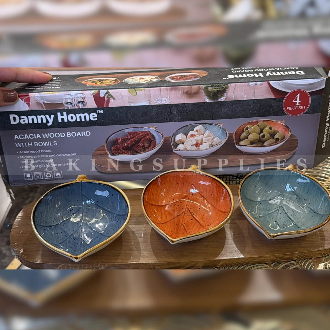 Danny Home Acacia Wood Board with Bowls | 4 Piece Ceramic Serving Set