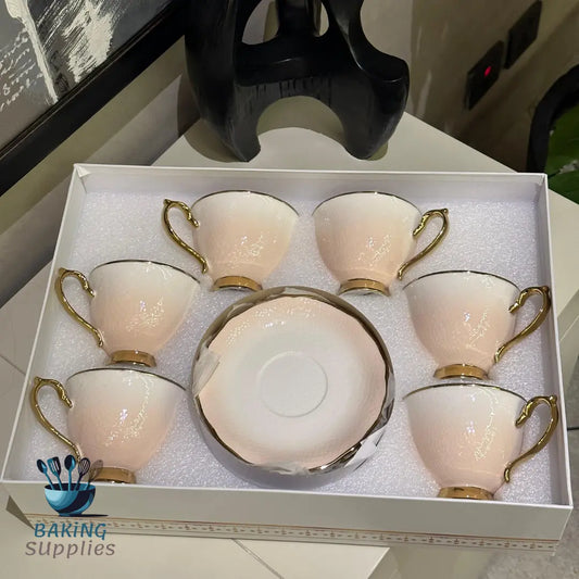 Light Pink Ceramic Cup & Saucer Set – 6 Pieces, Gift Boxed