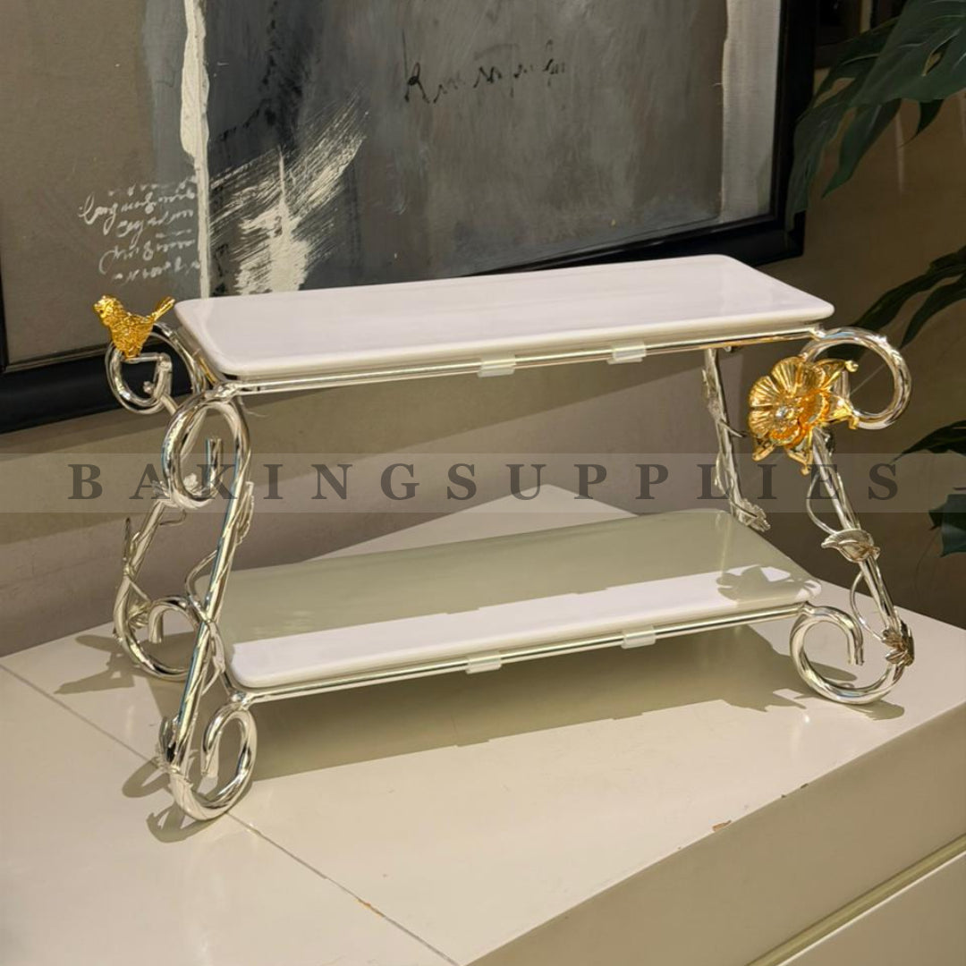 Luxury 2-Tier Pastry Stand with White Ceramic Platters & Decorative Steel Frame