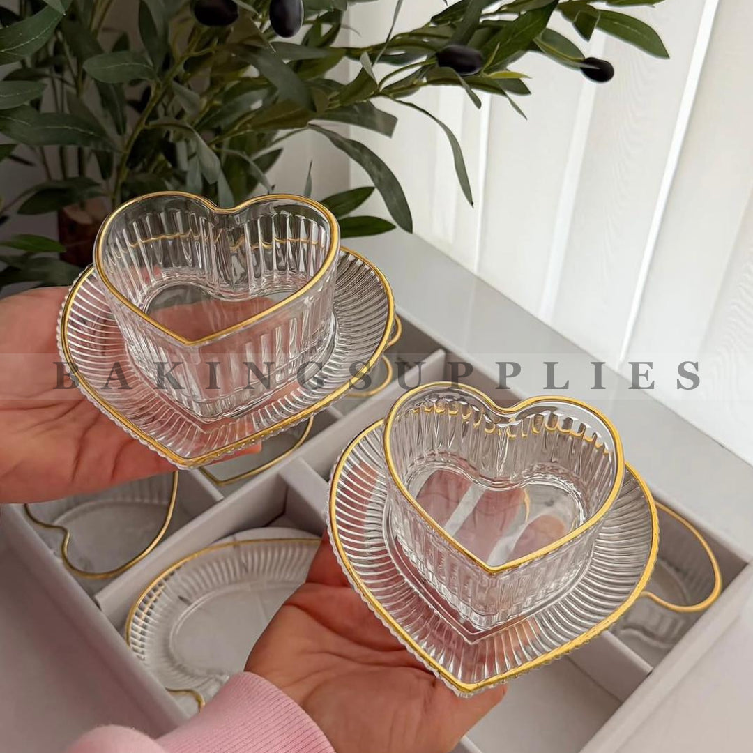 Luxury Heart-Shaped Glass Dessert Bowls & Saucers Set of 6