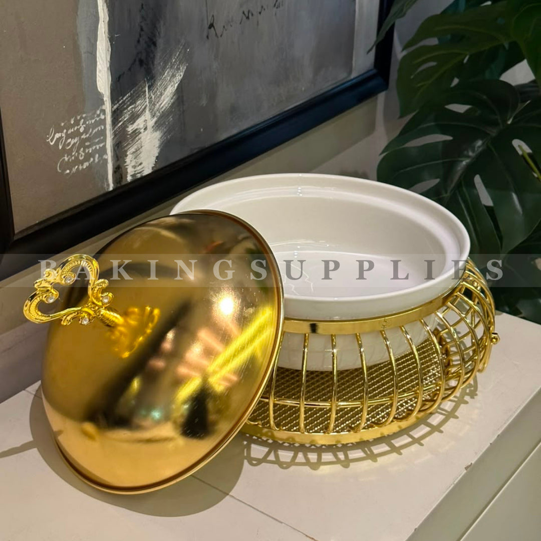 Luxury Round Deep Chafing Dish with Ceramic Insert & Gold Steel Stand