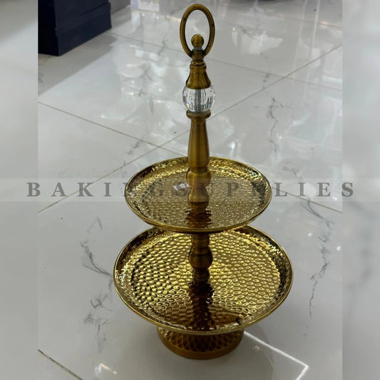 Luxury 2-Tier Round Metal Serving Platter with Crystal Handle