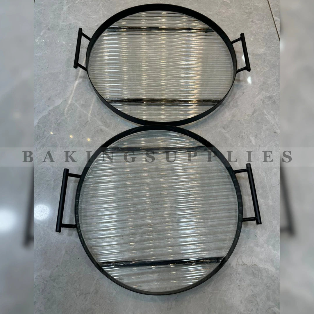 Luxury 2 Pc Round Glass Serving Tray Set with Black Metal Handles
